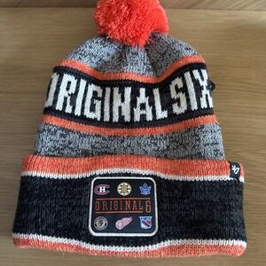 Original 6 '47‎ Brand Charcoal Orange NHL Cuffed Knit Pom Patch Beanie Hat Cap